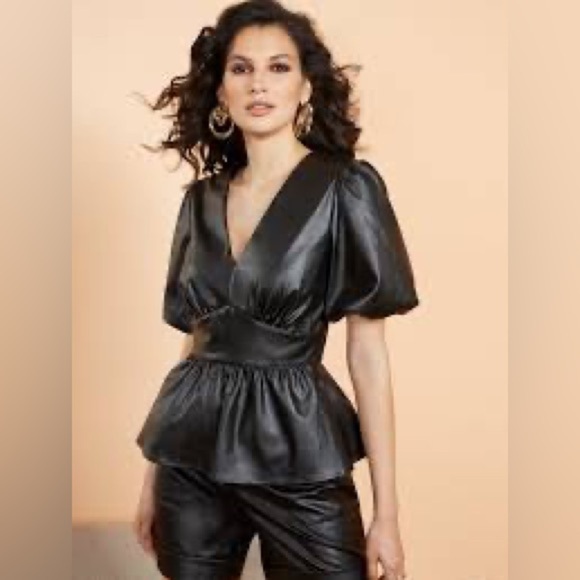 English Factory Black Faux Leather Peplum Top L - Picture 2 of 15